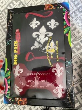 NWT in box. Christian Audigier dog Red & Black Fleur-de-Lis shirt Set